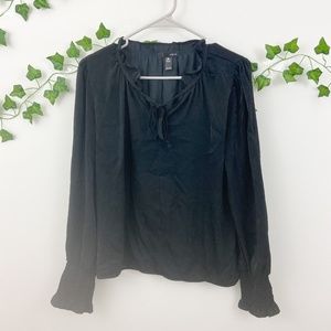 Aqua black keyhole tie front long sleeve blouse M